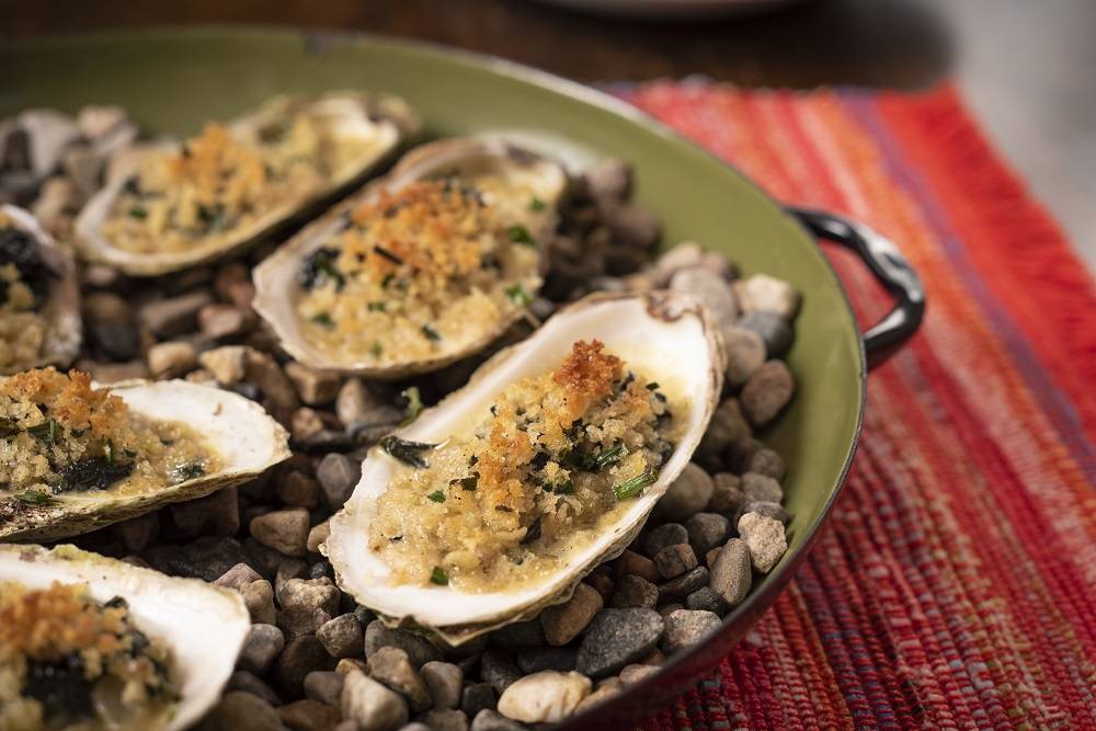 Baked East Coast Oysters with Creamed Beet Top and Crunchy Buttery Panko