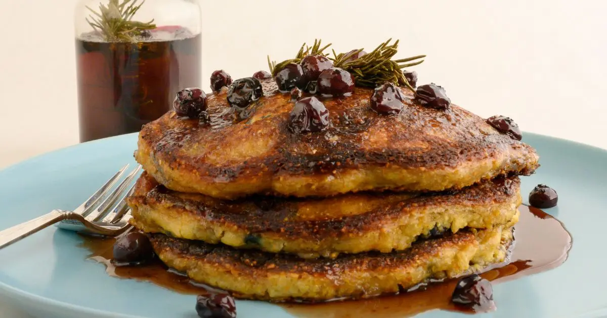 Canadian Wild Blueberry Cornmeal Pancakes with Rosemary Balsamic Maple Syrup